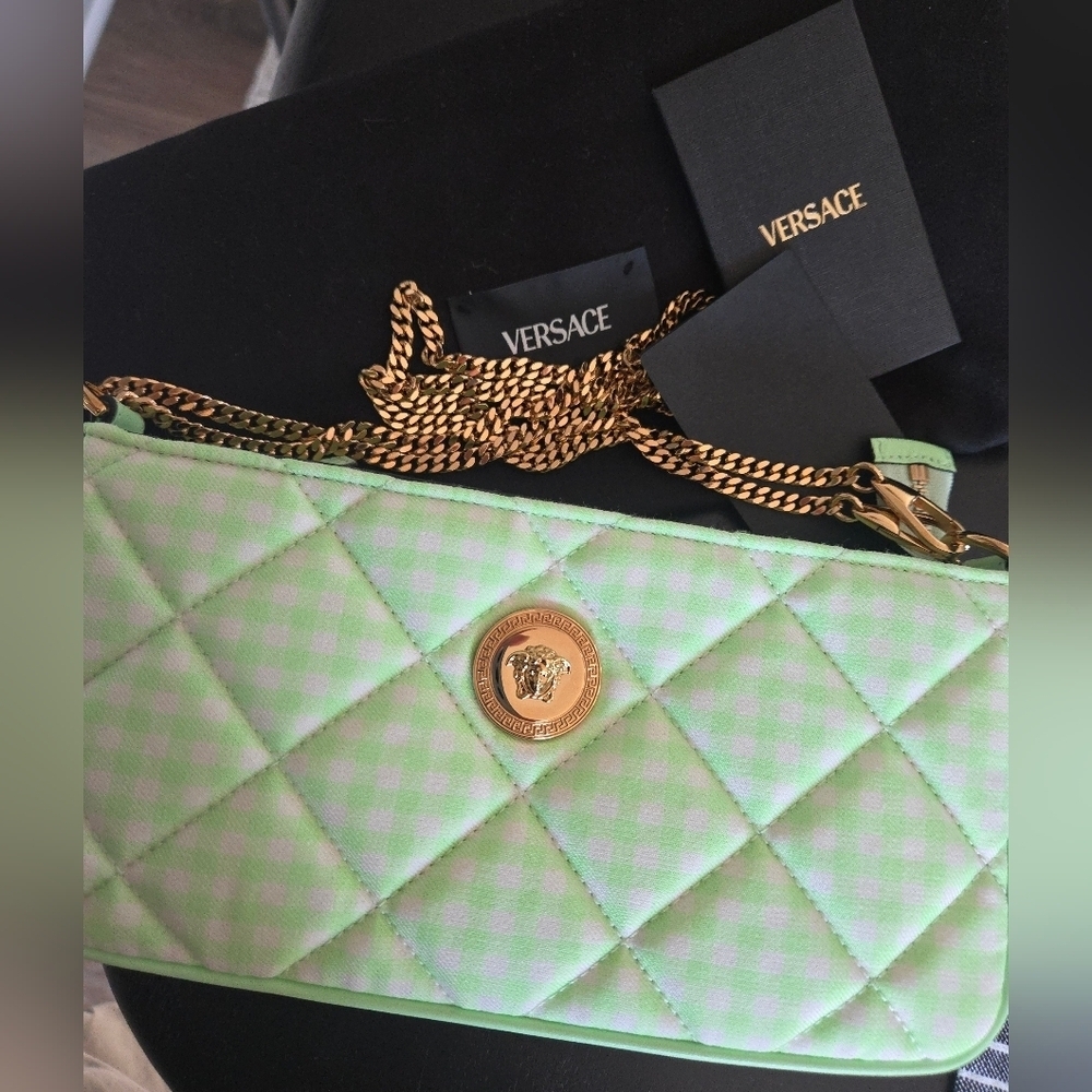 Versace Green Checkered quilted Crossbody Bag NWOT - Picture 2 of 12